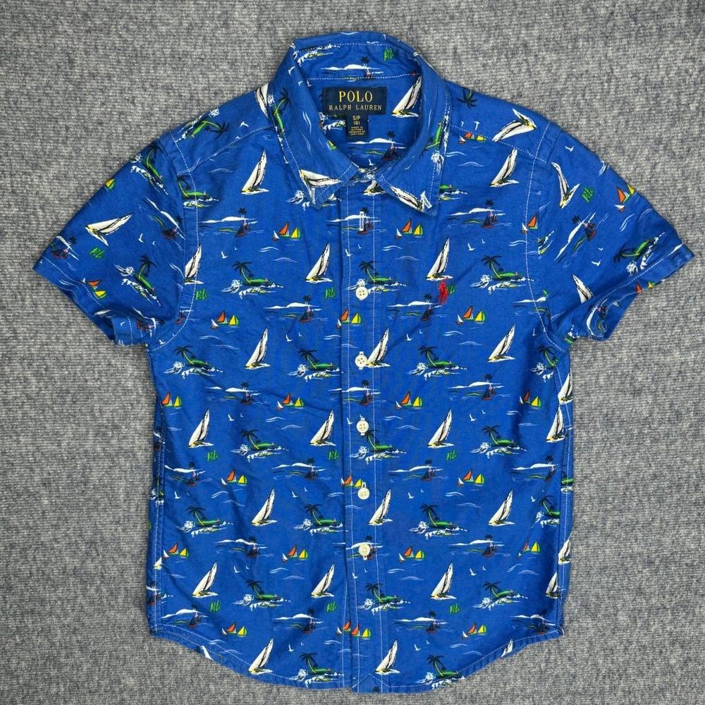 Polo Ralph Lauren Kids Blue Sailboat Palm Tree Button Down Shirt Boys S 8